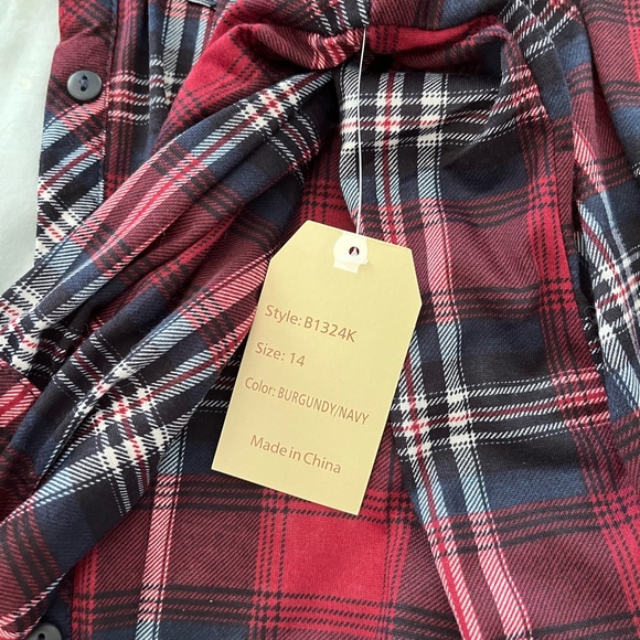 NWT: burgundy & navy plaid passport button up shirt - Picture 6 of 7